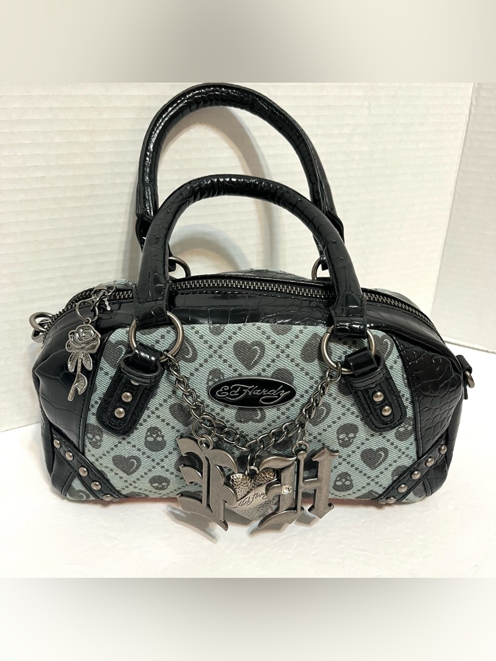Ed Hardy Black & Blue Gray Heart Skull Mini Satchel Charms Gunmetal Hardware